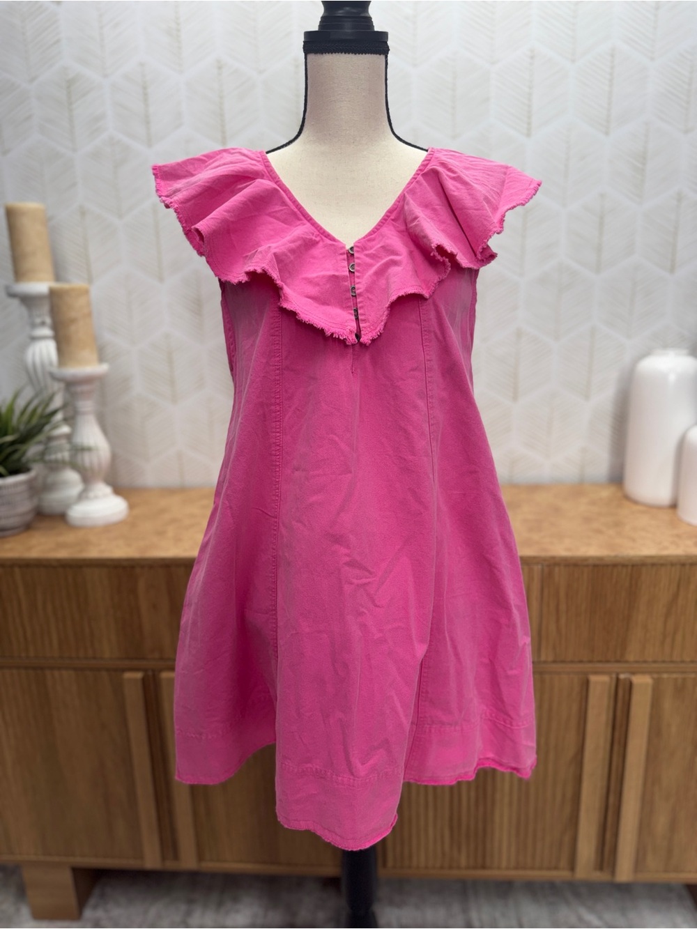JODIFL Bright Pink Ruffle V-Neck Sundress